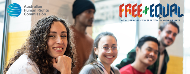 Five people smiling. Includes AHRC and Free and Equal logos