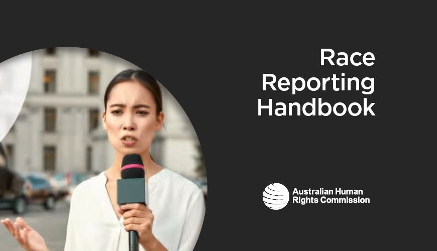 Cover of race reporting handbook showing you Asian female reporter talking to camera
