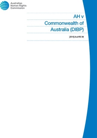 Cover page with the Australian Human Rights Commission logo and the title AH v Commonwealth of Australia (DIBP) [2014] AusHRC 88 in blue text on a white background with a blue curved line on the right.