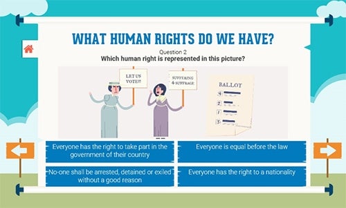 edu_intro_human_2016.jpg Two women hold signs saying Let us vote! and Suffrage = Suffrage beside a large ballot paper. Four answer options about human rights are shown below the image.