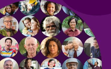 Purple title page with Australian Human Rights Commission Annual 2023-24 on top of a circular collage of diverse peoples. 