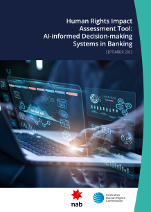 A laptop with graphs and data sit below the words "Human Rights Impact Assessment Tool: AI-informed Decision-making Systems in Banking. 