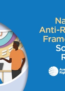 Cover of National Anti-Racism Framework Scoping Report featuring drawing of 3 multi racial adults at work in collaboration